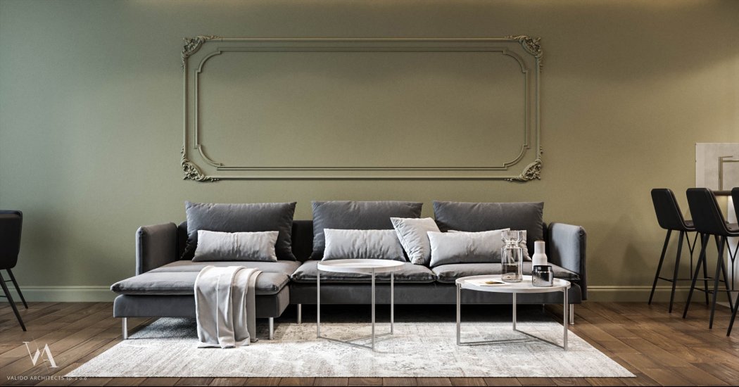 Большой серый диван в гостинной фисташкового цвета 