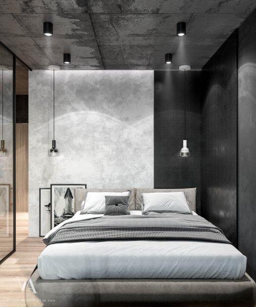 Bedroom design in dark colors with furniture